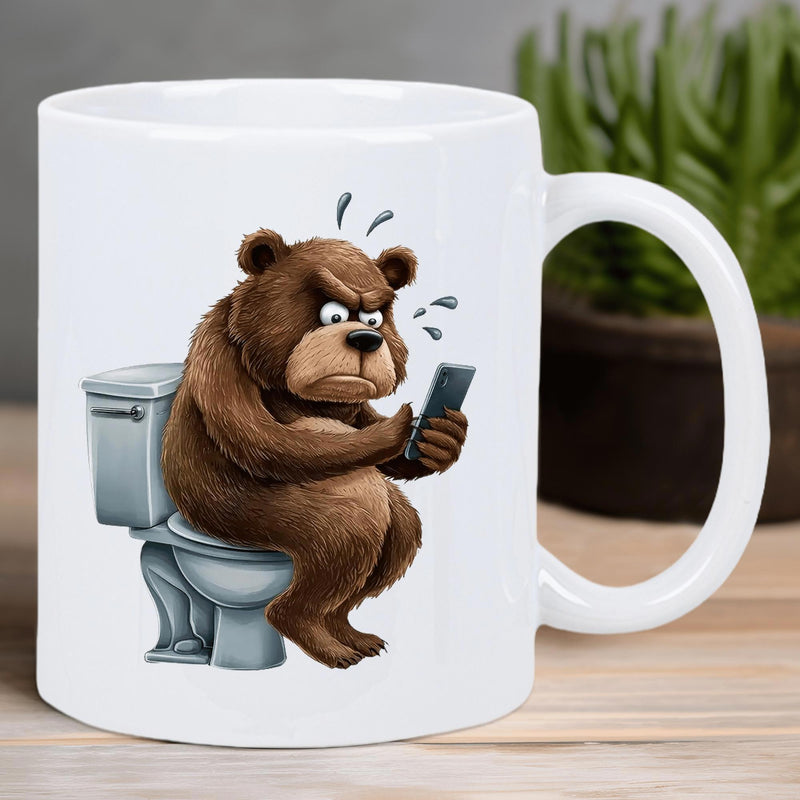 Tailorly White Ceramic 11 oz Mug - Grumpy Brown Bear Sitting On A White Ceramic Toilet Using A Smartphone Bear