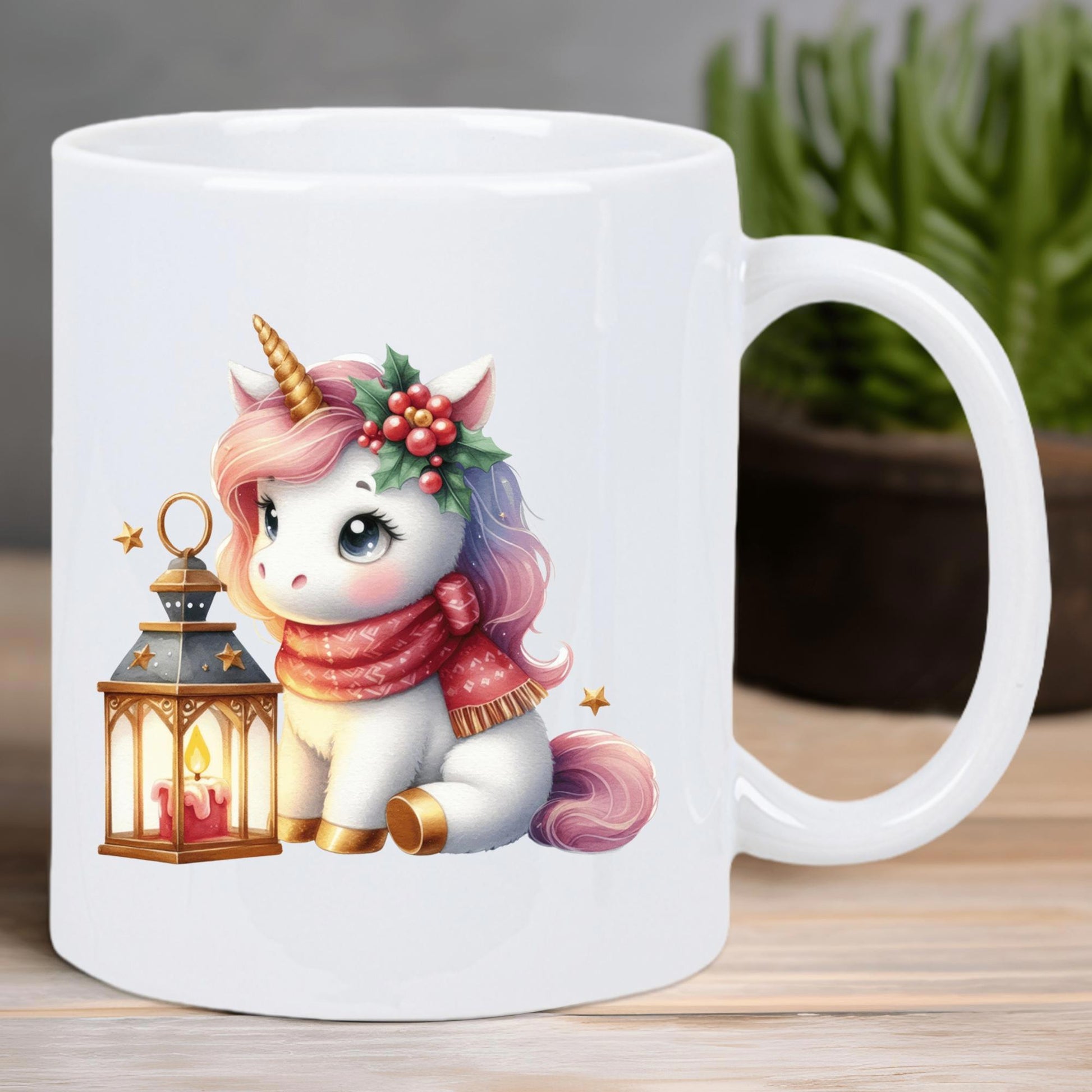 Tailorly White Ceramic 11 oz Mug - Adorable Fantasy Creature Wearing Red Scarf Beside Warm Glowing Vintage Lantern Unicorn