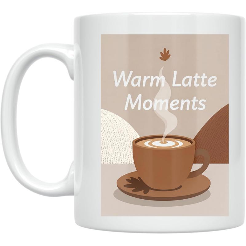Tailorly White Ceramic 11 oz Mug - Warm Latte Moments Steaming Brown Cup Of Hot Latte With Swirling Rising Steam Coffee
