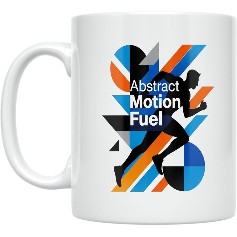 Tailorly White Ceramic 11 oz Mug - Abstract Motion Fuel Geometric Shapes With Colorful Diagonal Stripes Behind A Dynamic Running Athlete