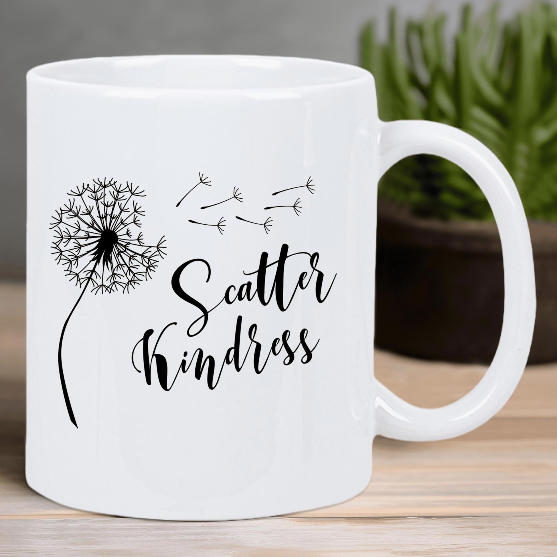 Tailorly White Ceramic 11 oz Mug - Scatter Kindness Delicate Black Ink With Seeds Blowing Gently In The Wind Dandelion
