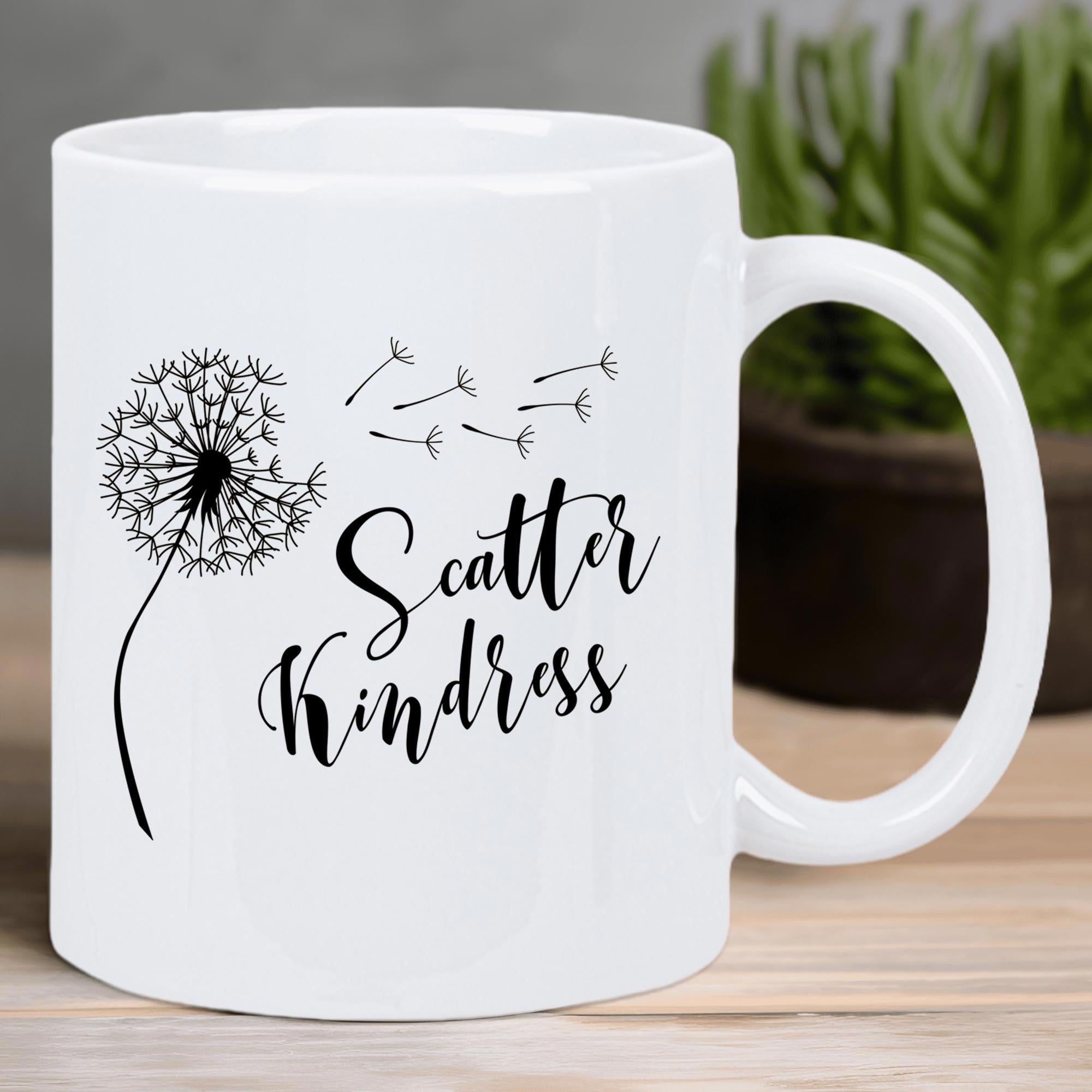 Tailorly White Ceramic 11 oz Mug - Scatter Kindness Delicate Black Ink With Seeds Blowing Gently In The Wind Dandelion