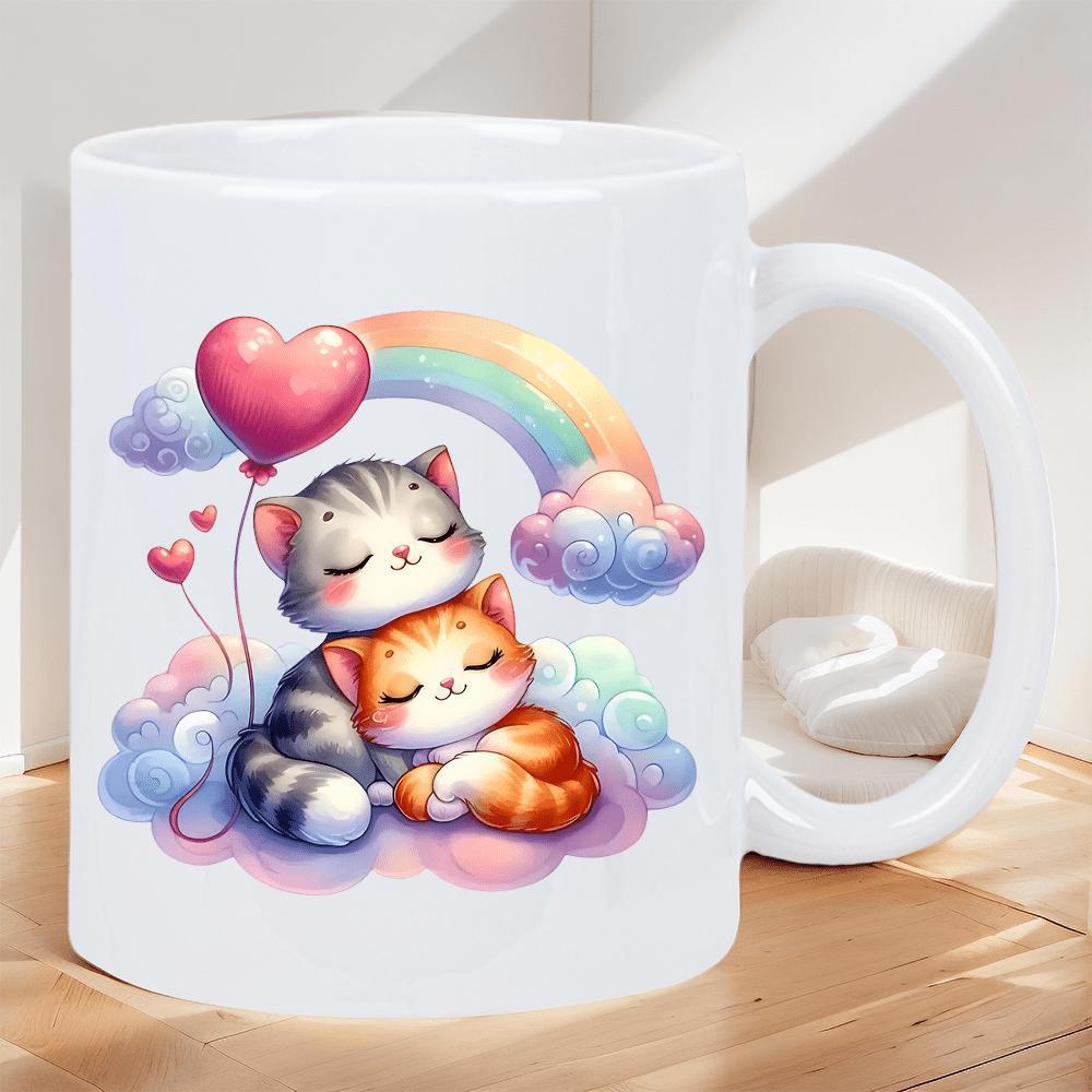 Tailorly White Ceramic 11 oz Mug - Two Cute Kittens Snuggling Under A Colorful Rainbow And Heart Balloon Cat