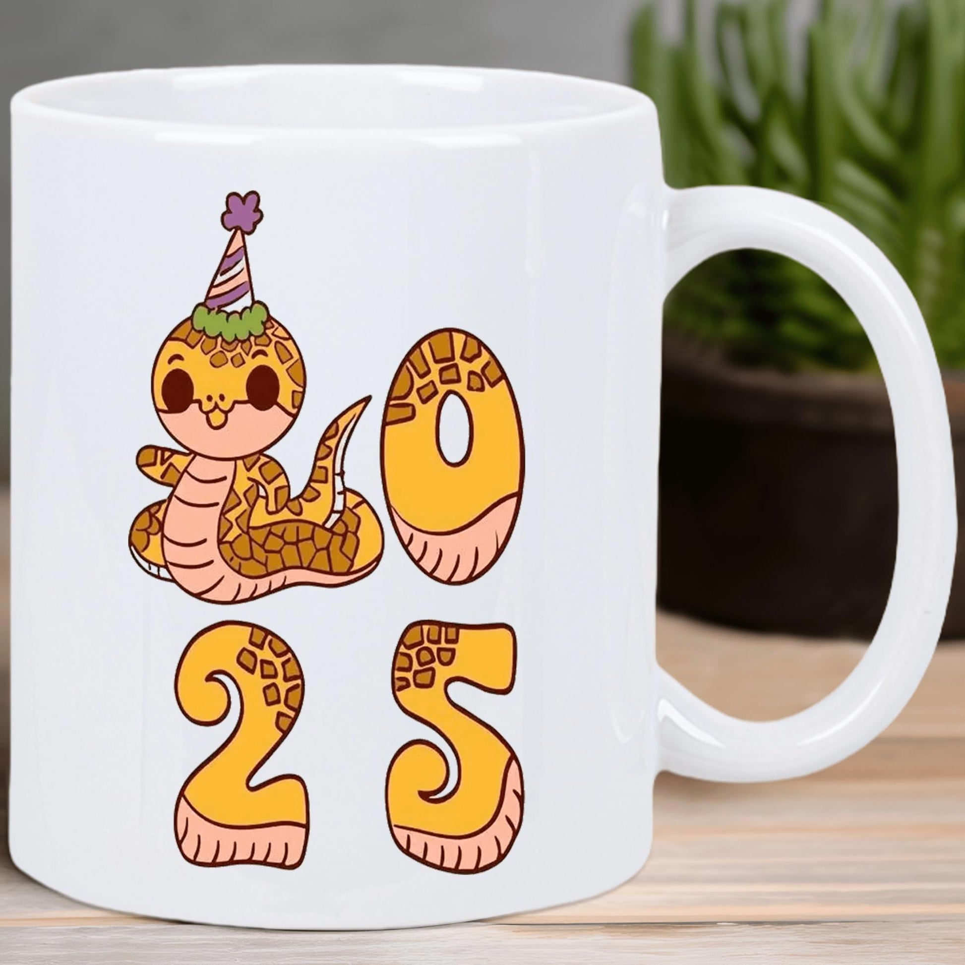 Tailorly White Ceramic 11 oz Mug - Adorable Cartoon Reptile Wearing Party Hat Celebrating New Year Festive Snake