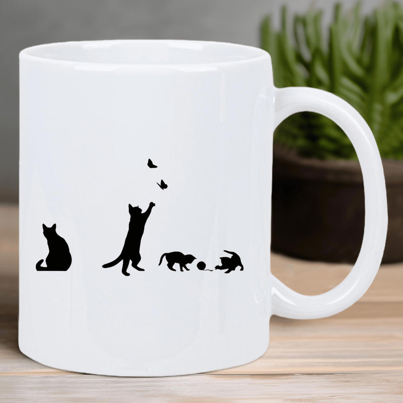 Tailorly White Ceramic 11 oz Mug - Minimalist Black Silhouette Felines Playing With Butterflies And A Small Ball Cat