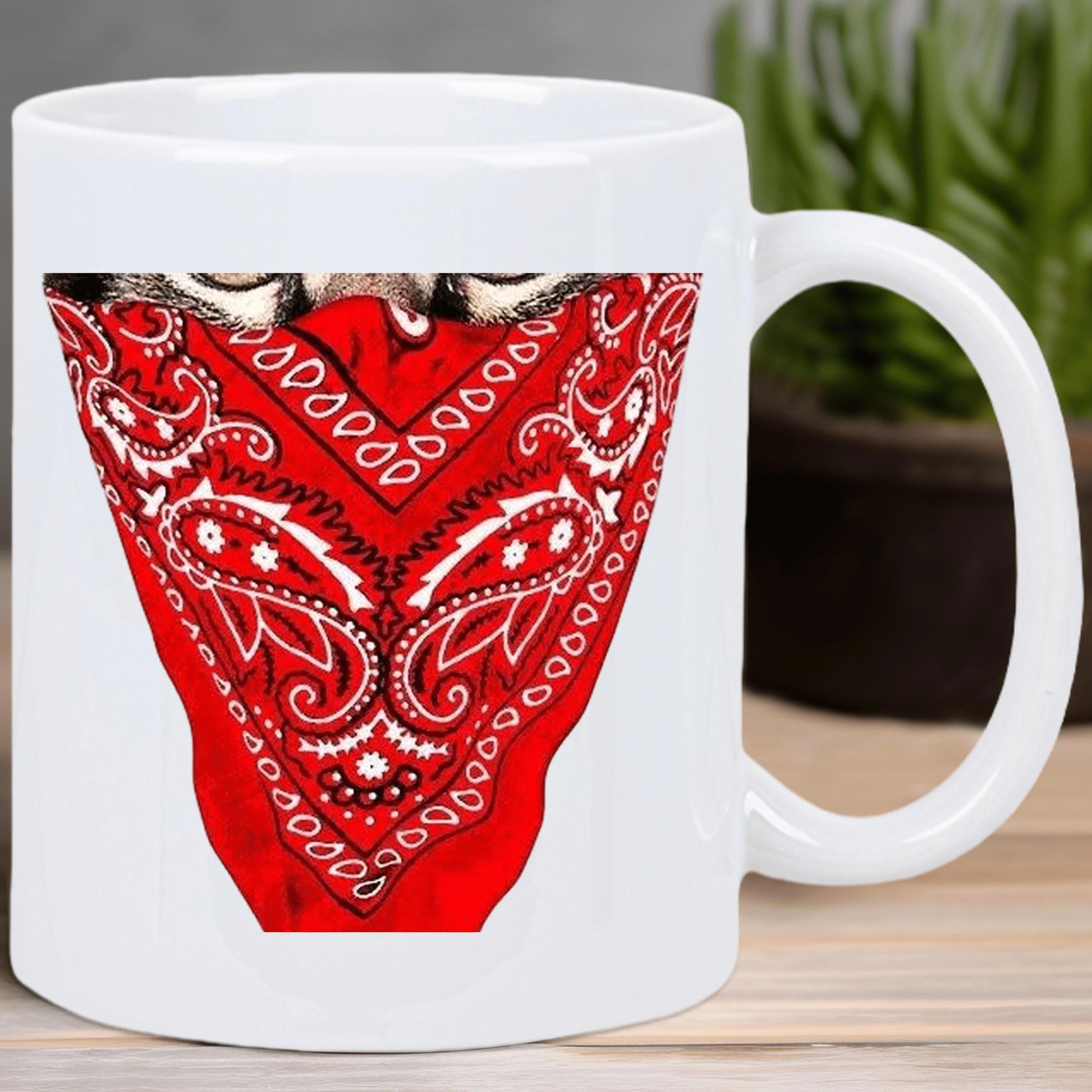 Tailorly White Ceramic 11 oz Mug - Intricate Red Paisley Pattern Covering A Majestic Furry Domestic Pet Face Portrait Dog