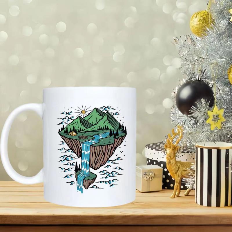 Tailorly White Ceramic 11 oz Mug - Lush Green Mountains On A Floating Island With Cascading Blue Waterfall Island