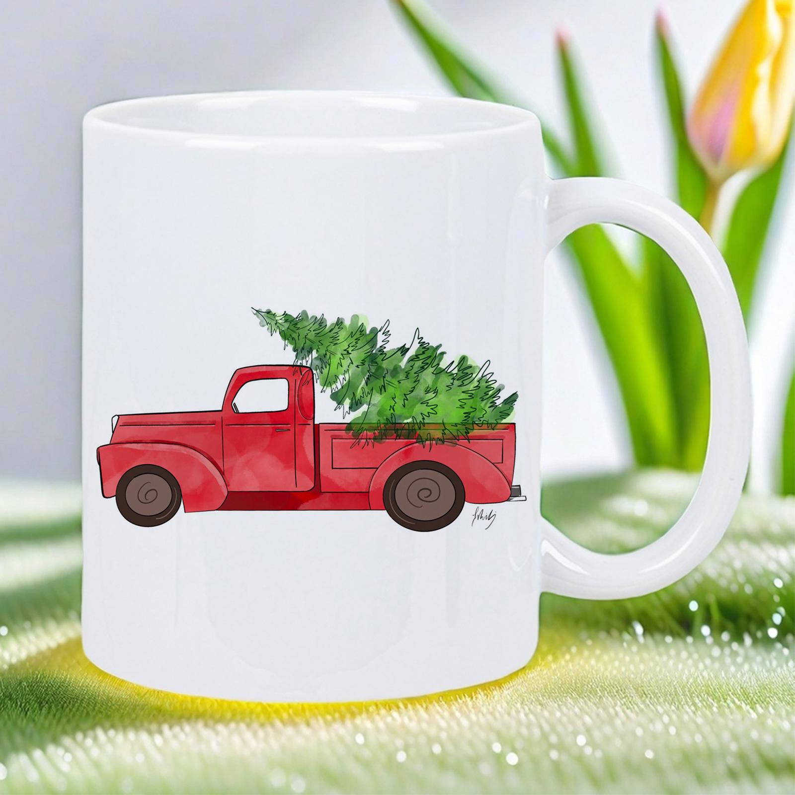 Tailorly White Ceramic 11 oz Mug - Classic Red Pickup Carrying A Lush Green Evergreen Christmas Tree Truck
