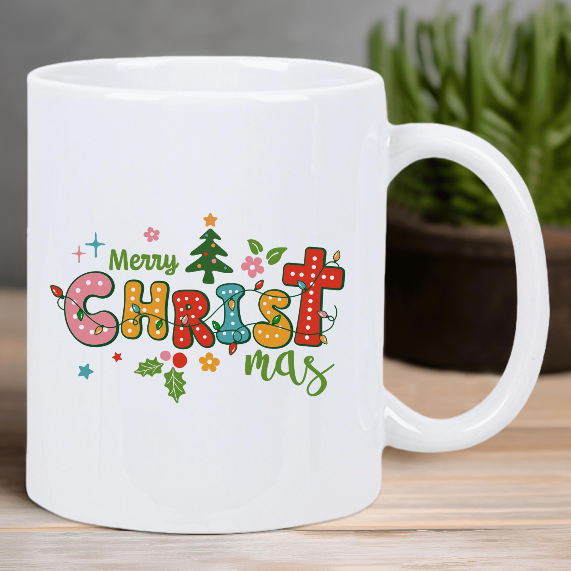 Tailorly White Ceramic 11 oz Mug - Merry Christmas Festive Block Letters With Stars And A Green Pine Tree Mug