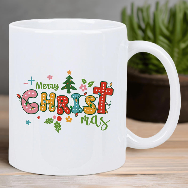 Tailorly White Ceramic 11 oz Mug - Merry Christmas Festive Block Letters With Stars And A Green Pine Tree Mug