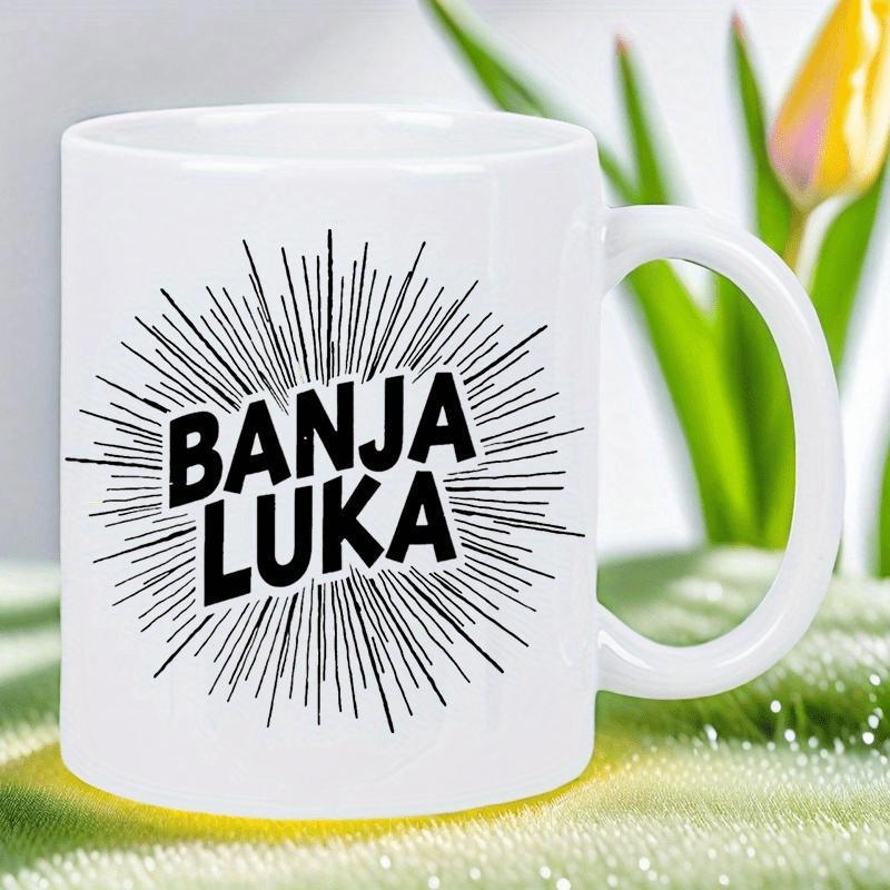 Tailorly White Ceramic 11 oz Mug - Banja Luka Radiant Sunburst Lines With Bold Lettering Centered On