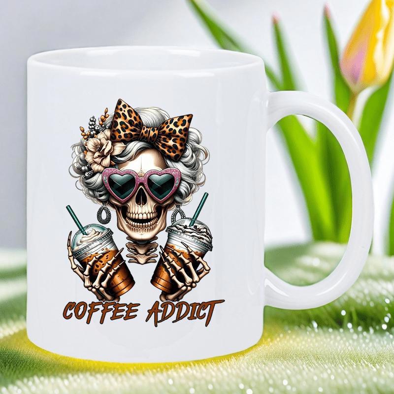 Tailorly White Ceramic 11 oz Mug - Coffee Addict Stylish Wearing Heart Sunglasses And Leopard Bow Holding Iced Coffee Skull