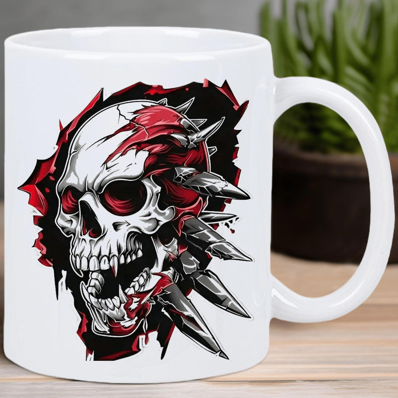 Tailorly White Ceramic 11 oz Mug - Menacing Gothic Skull With Sharp Metallic Spikes Bursting Through Red Background Skull