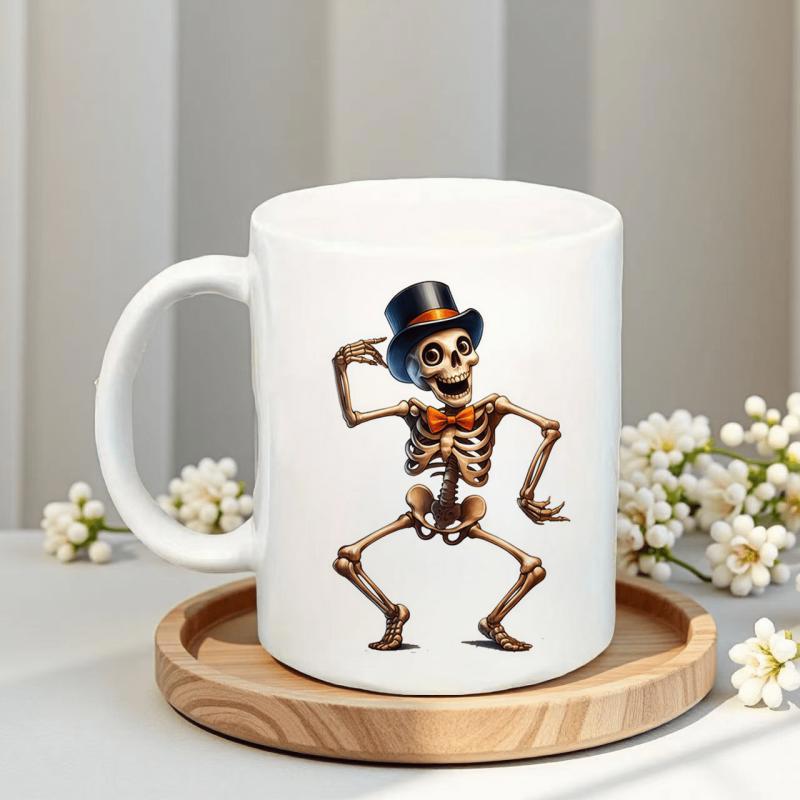 Tailorly White Ceramic 11 oz Mug - Whimsical Dapper Dancing Skeleton Wearing Classic Top Hat And Bowtie Skeleton