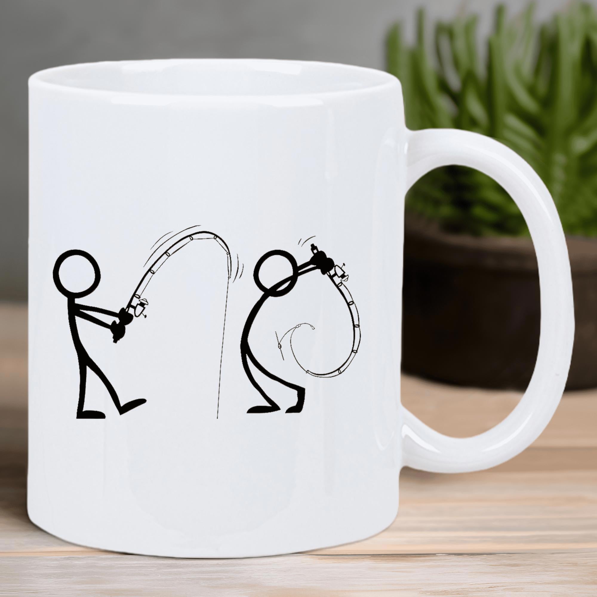 Tailorly White Ceramic 11 oz Mug - Minimalist Black Stick Figures Engaged In A Humorous Fishing Scene Stickman