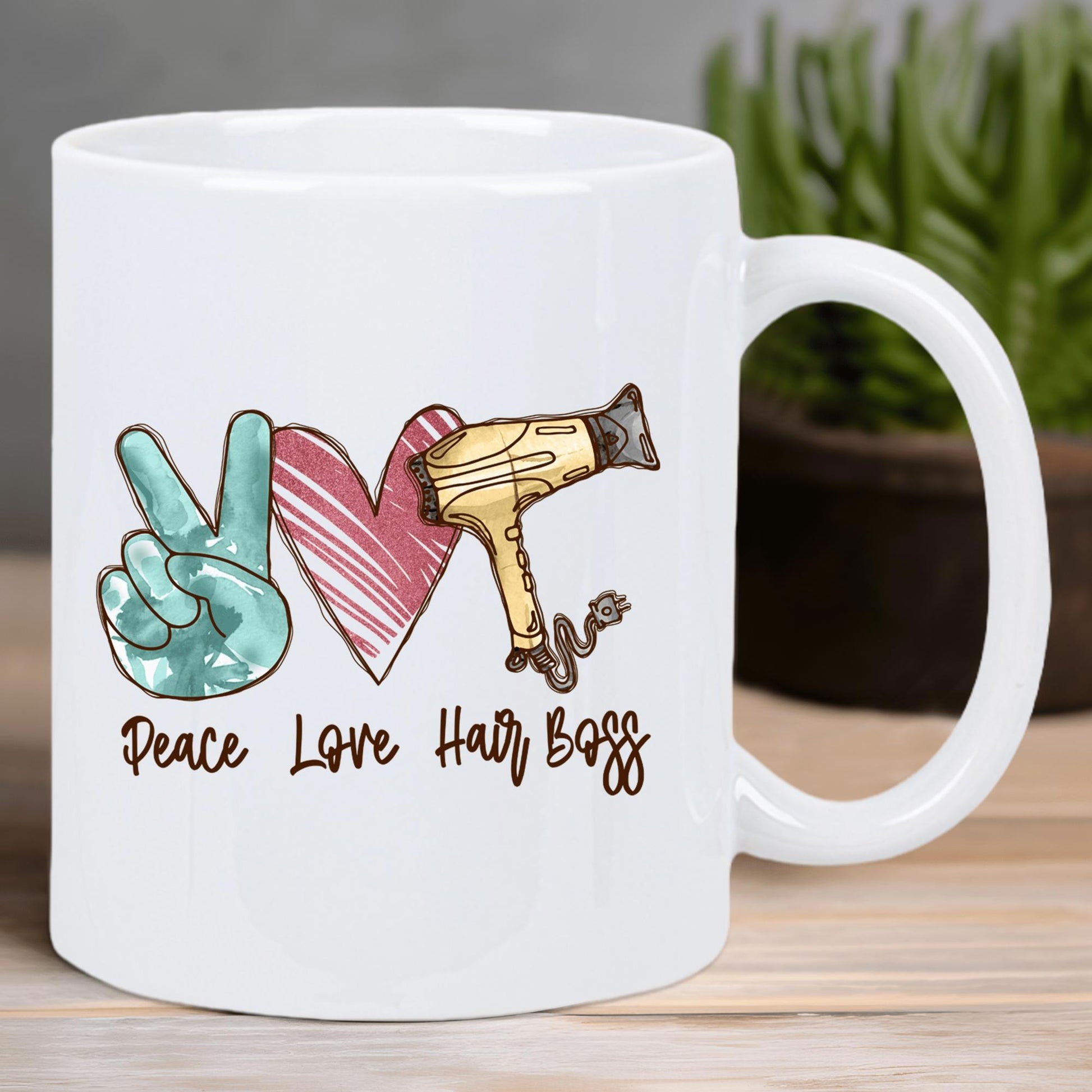 Tailorly White Ceramic 11 oz Mug - Peace Love Hair Boss Hand Drawn Icons Peace Sign Heart And Vintage Golden Professional Hair Dryer Mug