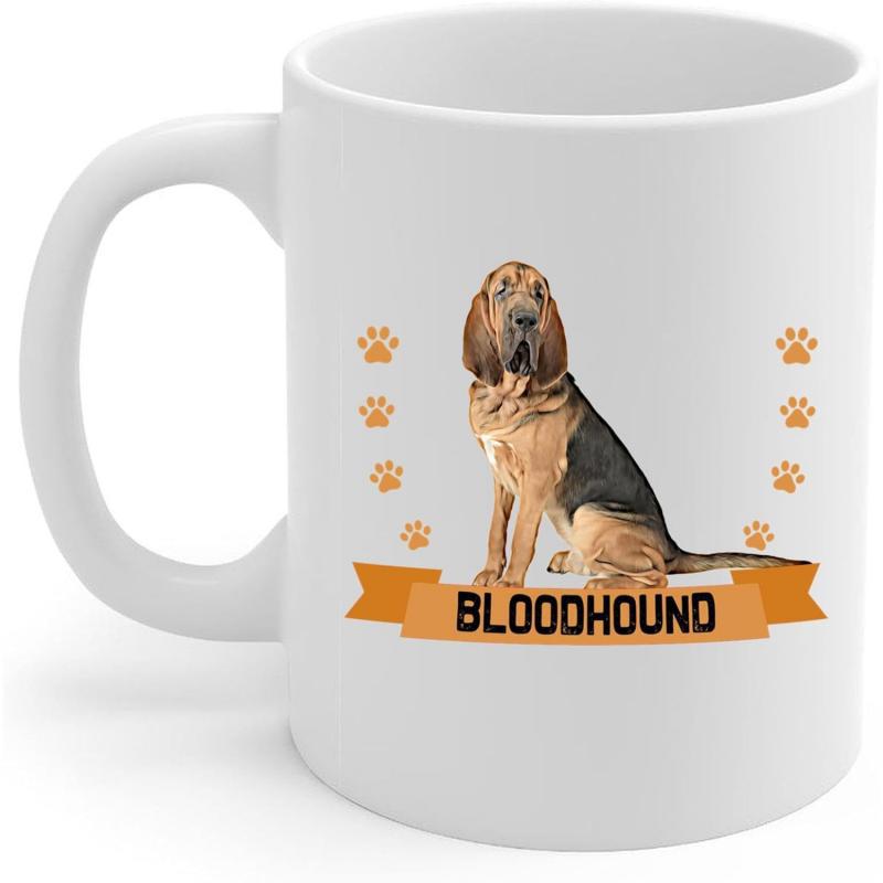 Tailorly White Ceramic 11 oz Mug - Bloodhound Sitting Calmly Surrounded By Small Orange Paw Prints Above Banner Bloodhound