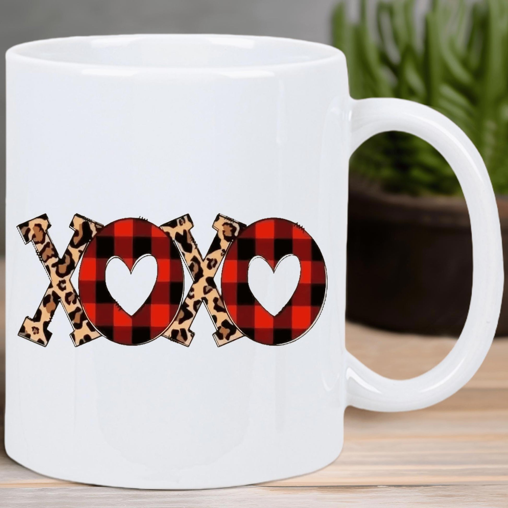 Tailorly White Ceramic 11 oz Mug - Xoxo Stylish Leopard Print And Red Buffalo Plaid Pattern Heart Cutout Shape Mug