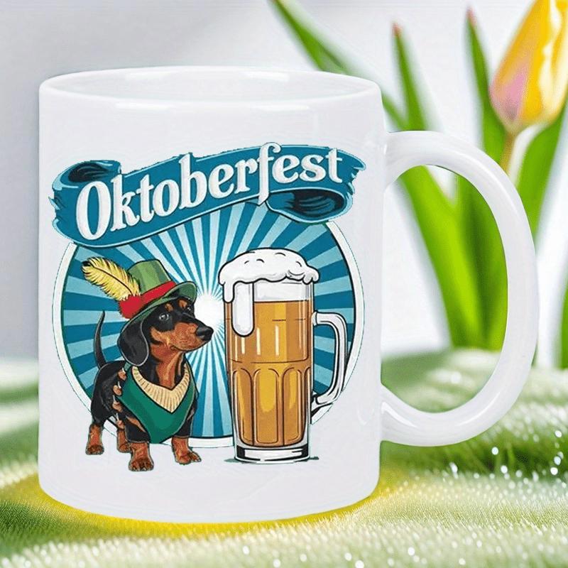 Tailorly White Ceramic 11 oz Mug - Oktoberfest Festive Sausage Dog Wearing Green Vest And Tyrolean Hat With Beer Dachshund