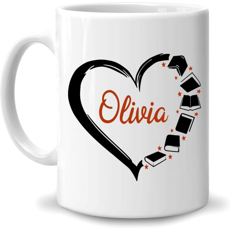 Tailorly White Ceramic 11 oz Mug - Olivia Hand Drawn Outline Featuring Small Stars And Flying Open Books Heart