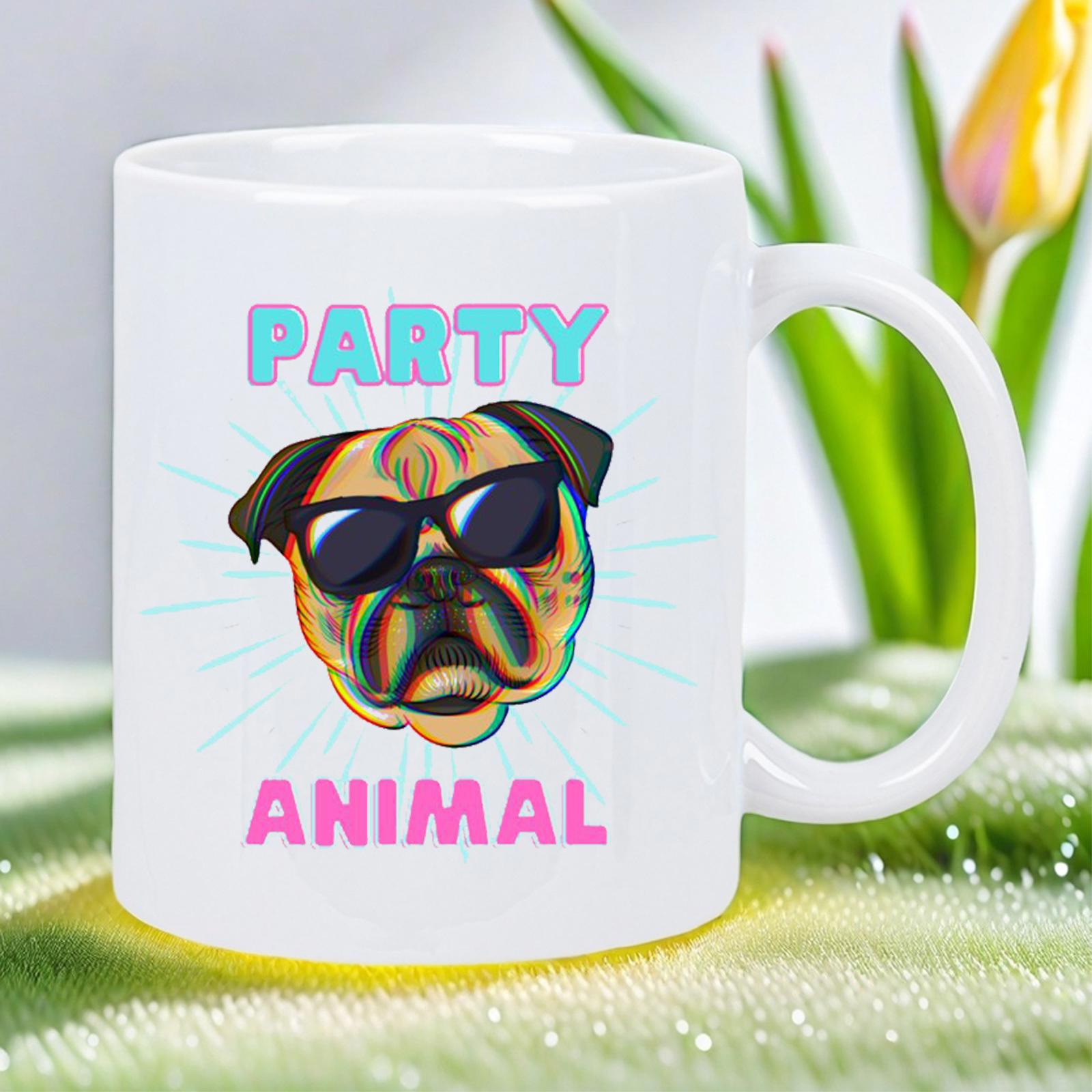 Tailorly White Ceramic 11 oz Mug - Party Animal Adorable Pug Wearing Dark Sunglasses With Vibrant Glowing Light Rays Around Head Pug