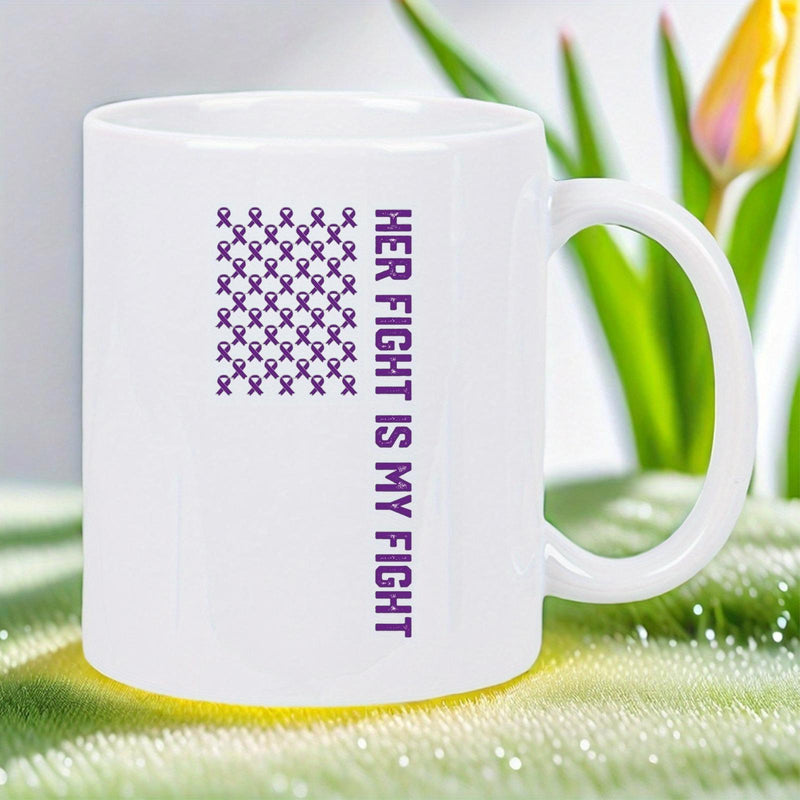 Tailorly White Ceramic 11 oz Mug - Her Fight Is My Fight Rows Of Purple Awareness Ribbons Arranged On Plain White Surface Mug