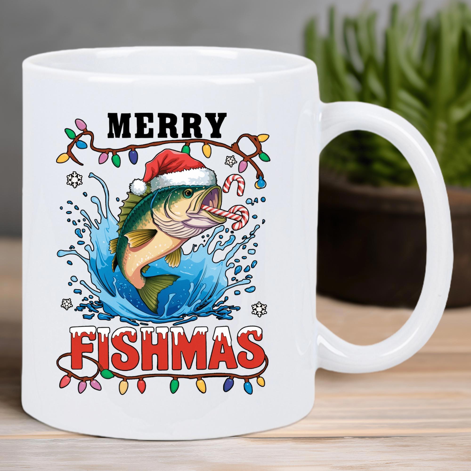 Tailorly White Ceramic 11 oz Mug - Merry Fishmas Festive Jumping Bass Wearing Santa Hat Holding Candy Cane Among Lights Fish