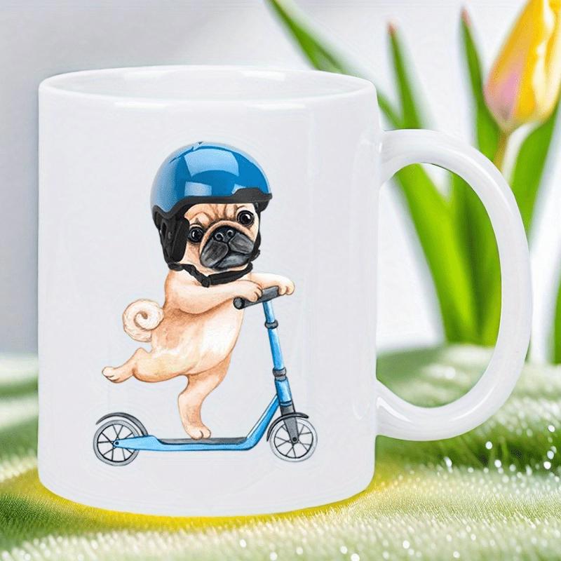 Tailorly White Ceramic 11 oz Mug - Playful Little Dog Wearing Helmet Riding A Small Blue Kick Scooter Pug