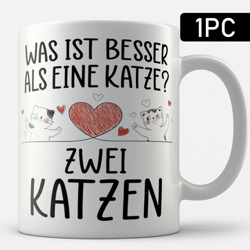 Tailorly White Ceramic 11 oz Mug - Adorable Hand Drawn Kittens Celebrating Beside A Large Red Scribbled Cat