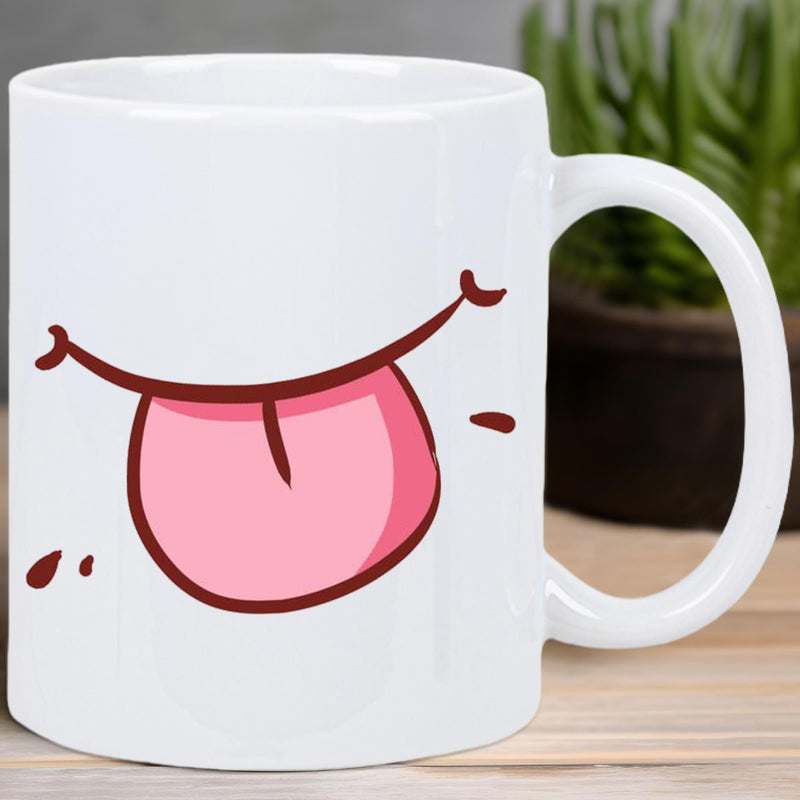 Tailorly White Ceramic 11 oz Mug - Cheerful Cartoon Expression With Pink Tongue Sticking Out From Smiling Mouth