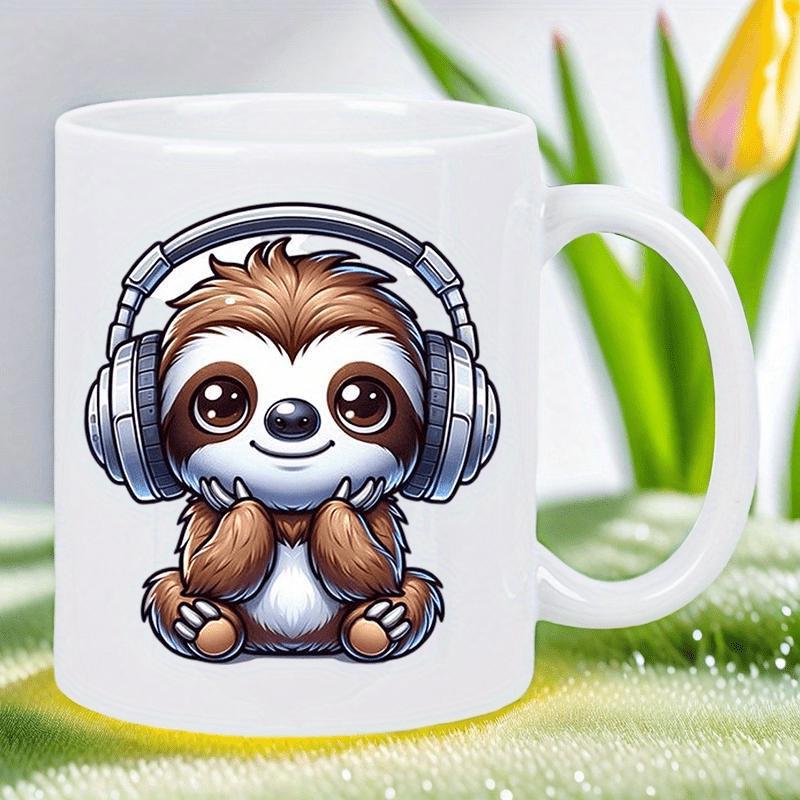 Tailorly White Ceramic 11 oz Mug - Cute Brown Animal Wearing Grey Headphones Enjoying Music In Peaceful Setting Sloth
