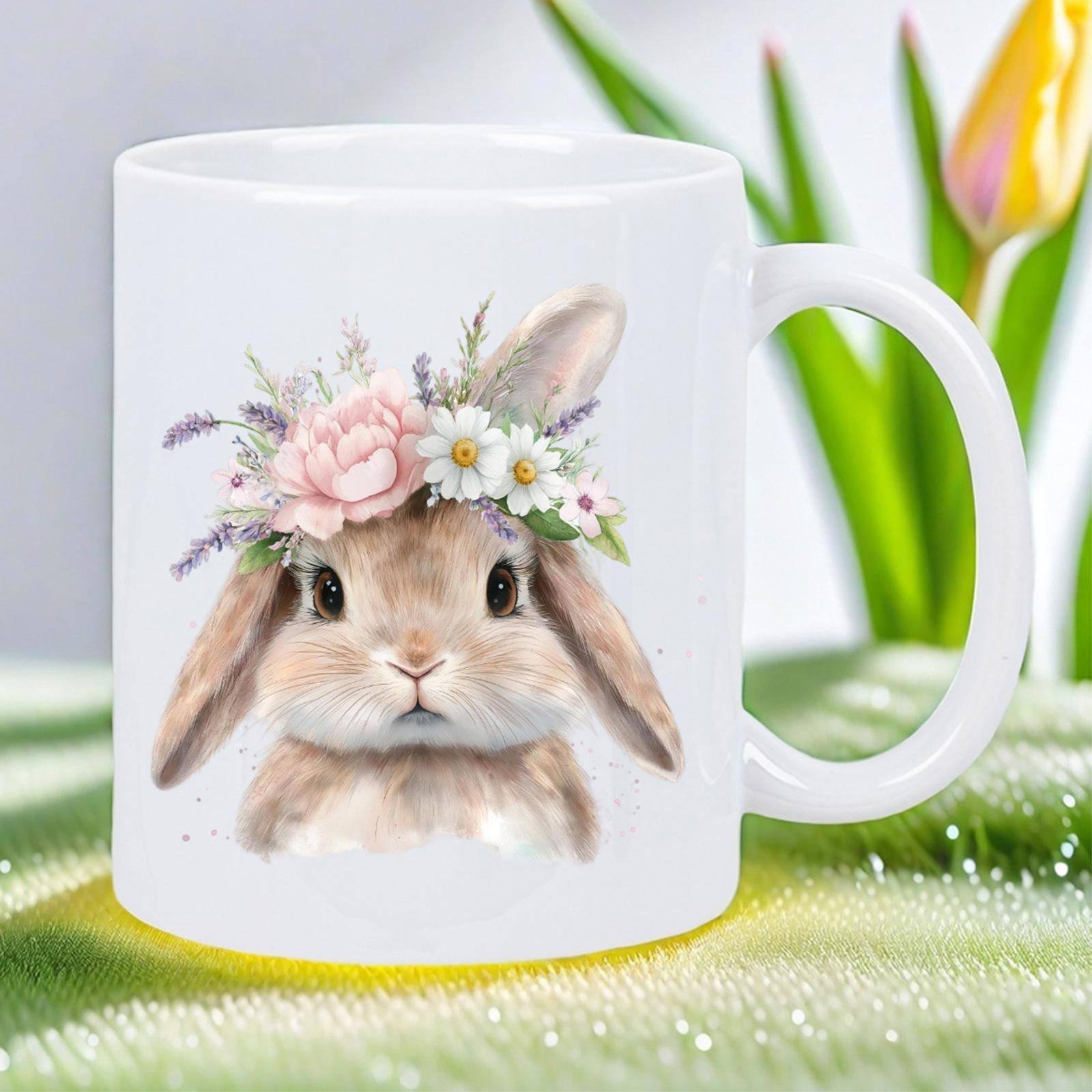 Tailorly White Ceramic 11 oz Mug - Hand Painted Watercolor Floral Crown Adorned On A Gentle Soft Nature Rabbit