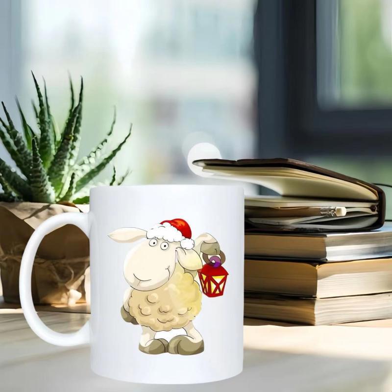 Tailorly White Ceramic 11 oz Mug - Cute Festive Cartoon Animal Wearing Red Santa Hat Carrying Bright Lantern Sheep