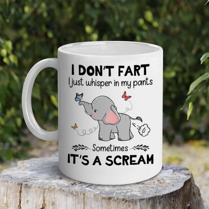 Tailorly White Ceramic 11 oz Mug - I Don't Fart I Just Whisper In My Pants Sometimes It's A Scream Adorable Gray Baby Animal Playing Among Tiny Fluttering
