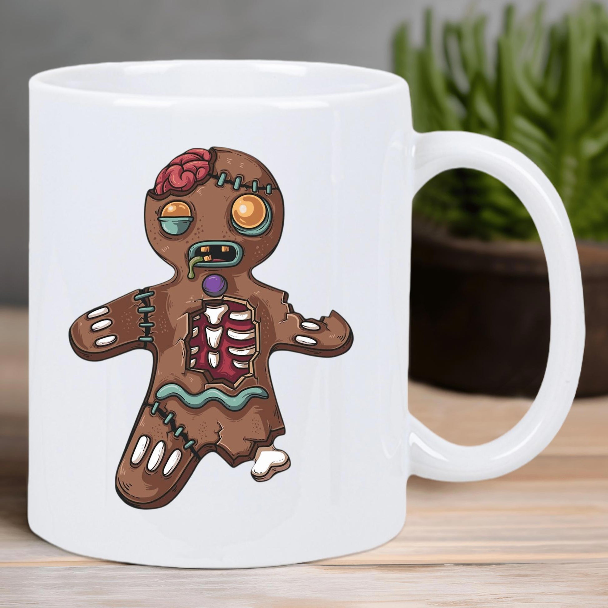 Tailorly White Ceramic 11 oz Mug - Spooky Stitched Halloween Zombie With Exposed Brain And Missing Foot Gingerbread Man