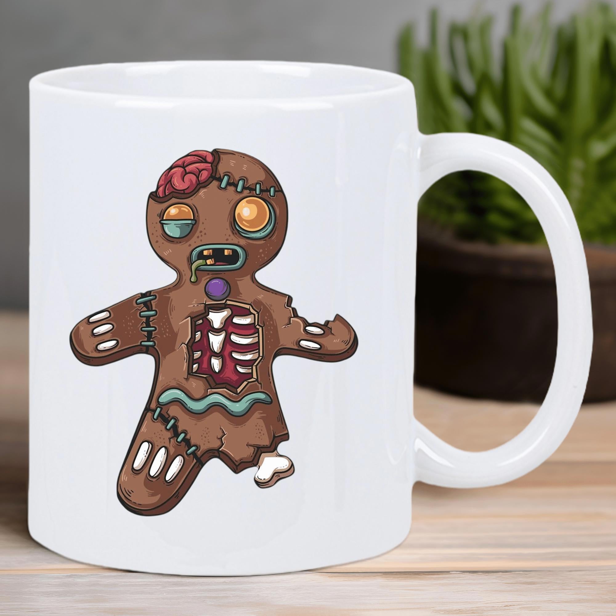 Tailorly White Ceramic 11 oz Mug - Spooky Stitched Halloween Zombie With Exposed Brain And Missing Foot Gingerbread Man