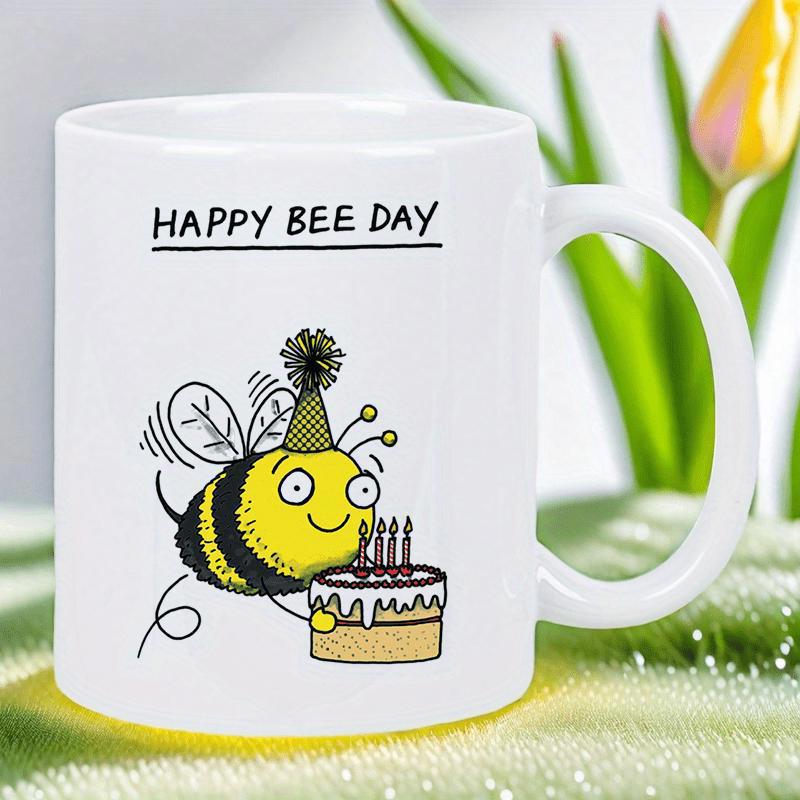 Tailorly White Ceramic 11 oz Mug - Happy Bee Day Cute Cartoon Character Wearing Party Hat Celebrating With Cake Bee