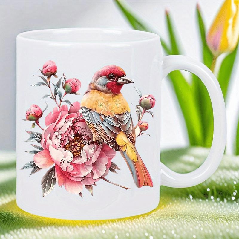 Tailorly White Ceramic 11 oz Mug - Vibrant Colorful Songbird Resting On Blooming Pink Peony Flower Bird