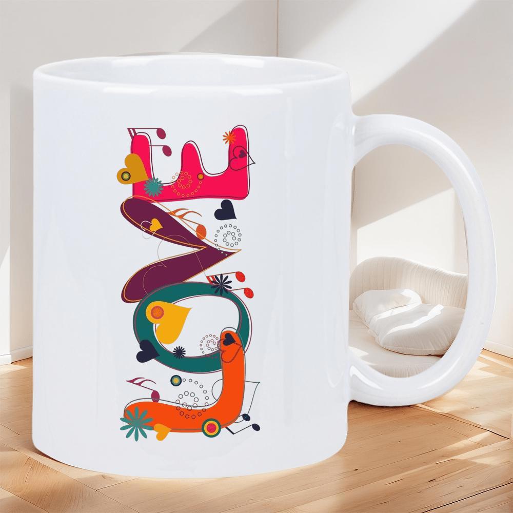 Tailorly White Ceramic 11 oz Mug - Love Colorful Abstract Hand Drawn Letters Featuring Playful Hearts And Creative Doodles Lettering