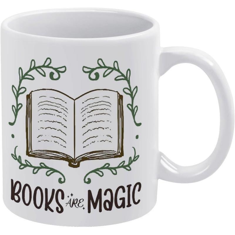 Tailorly White Ceramic 11 oz Mug - Books Are Magic Hand Drawn Open Book Surrounded By Delicate Green Leafy Vines Book