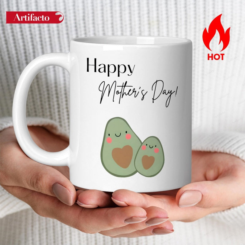 Tailorly White Ceramic 11 oz Mug - Happy Mother's Day Two Cute Smiling Cartoon Avocados With Heart Shaped Pits Standing Together Avocado