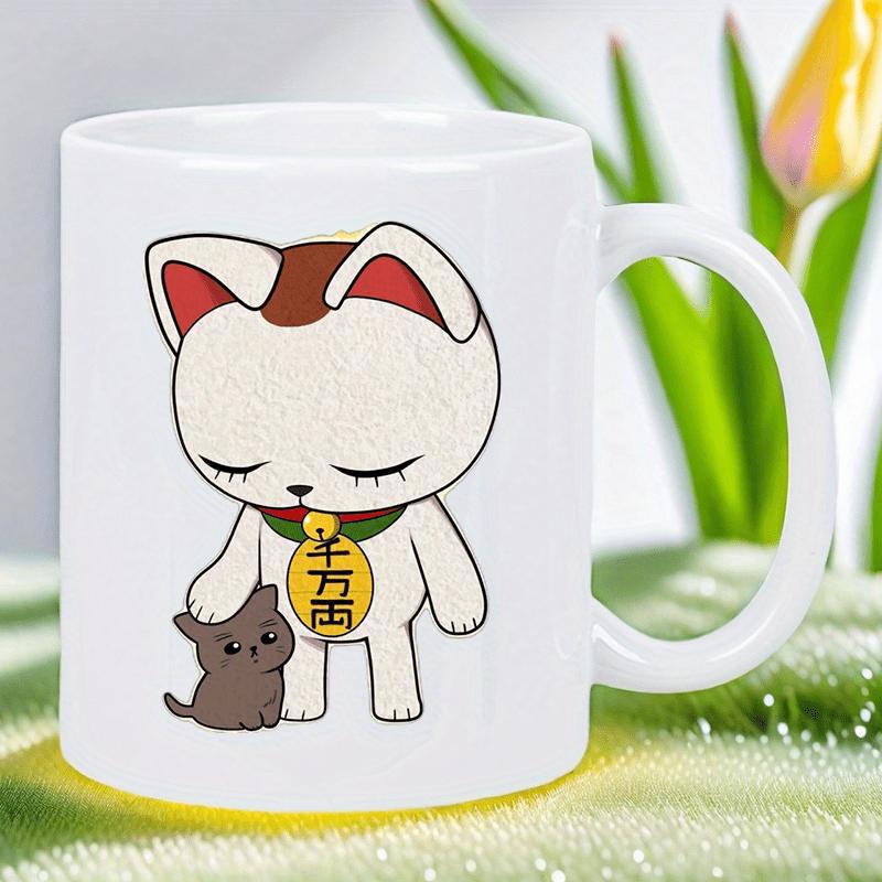 Tailorly White Ceramic 11 oz Mug - Charming Minimalist White Lucky Cat Figure Gently Patting A Tiny Brown Kitten Cat