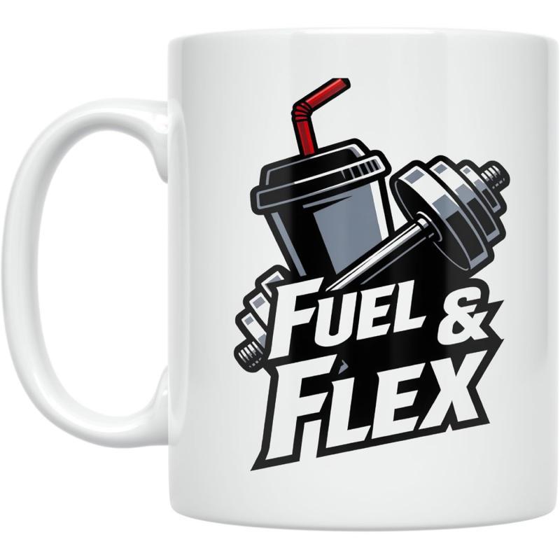 Tailorly White Ceramic 11 oz Mug - Fuel Flex Protein Shaker Cup With Red Straw And Weighted Gym Metal Dumbbell