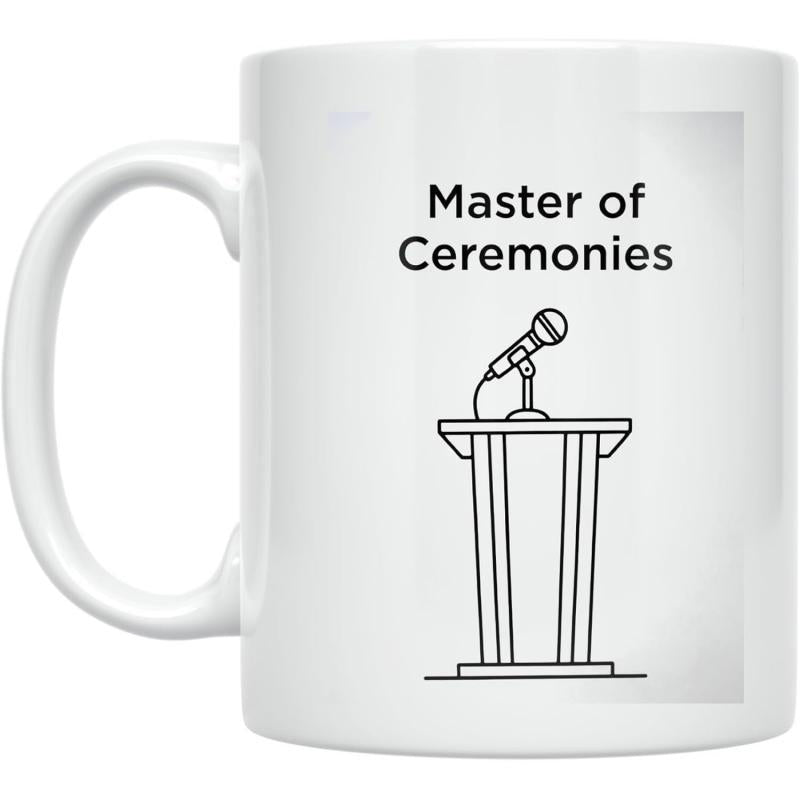 Tailorly White Ceramic 11 oz Mug - Master Of Ceremonies Minimalist Line Art With A Professional Microphone Resting On A Podium