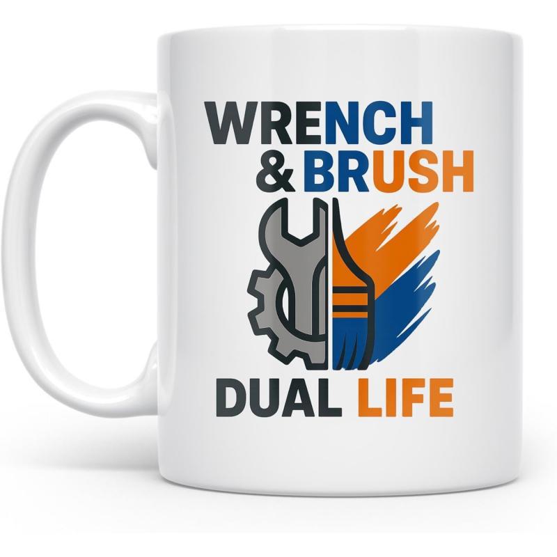 Tailorly White Ceramic 11 oz Mug - Wrench Brush Dual Life Industrial Gear Combined With Artistic Paint Stroke Using Vibrant Orange Blue Colors Wrench