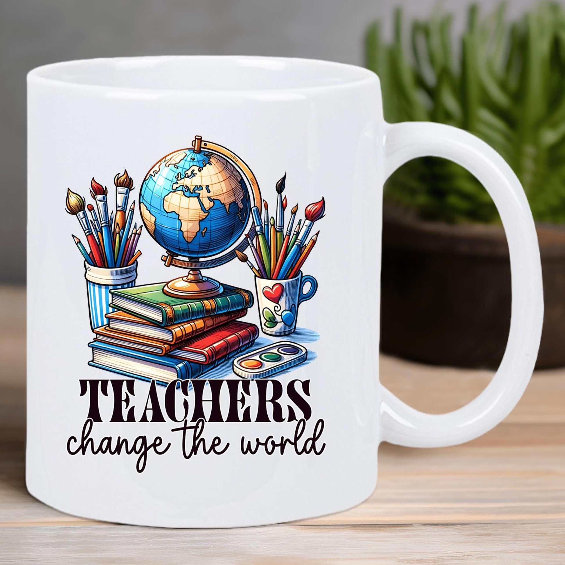 Tailorly White Ceramic 11 oz Mug - Teachers Change The World Colorful Stacked Books Supporting A Detailed Educational Desk Globe