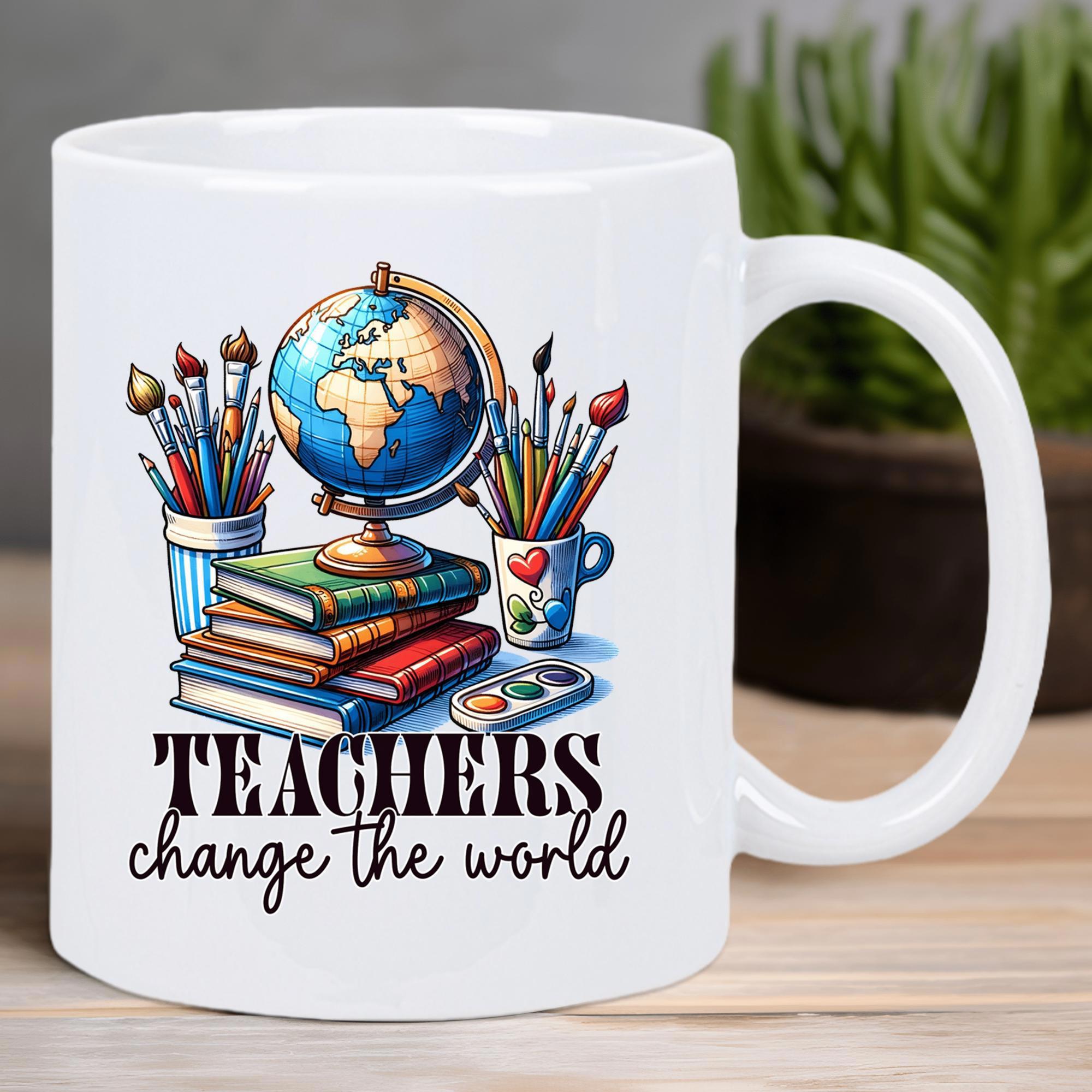 Tailorly White Ceramic 11 oz Mug - Teachers Change The World Colorful Stacked Books Supporting A Detailed Educational Desk Globe