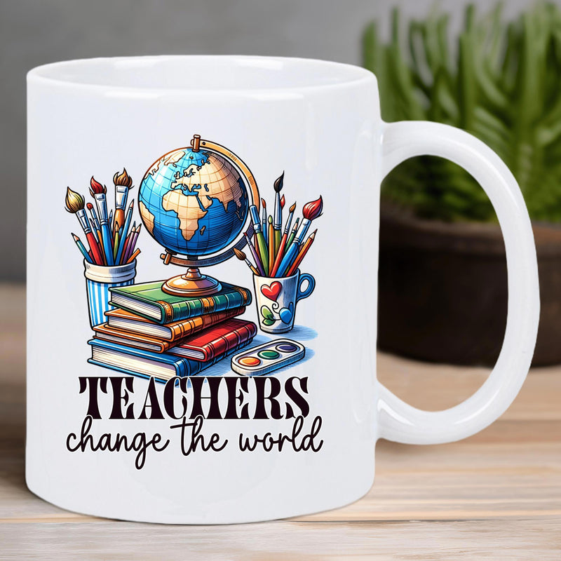 Tailorly White Ceramic 11 oz Mug - Teachers Change The World Colorful Stacked Books Supporting A Detailed Educational Desk Globe