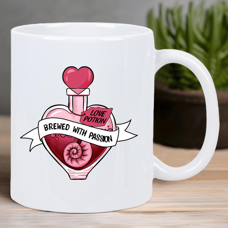 Tailorly White Ceramic 11 oz Mug - Love Potion Brewed With Passion Heart Shaped Glass Bottle Filled With Pink Magical Liquid Potion