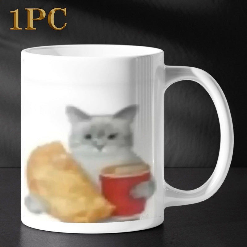 Tailorly White Ceramic 11 oz Mug - Adorable Fluffy Grey And White Cat Holding Crispy Golden Snack And Red Cup Cat